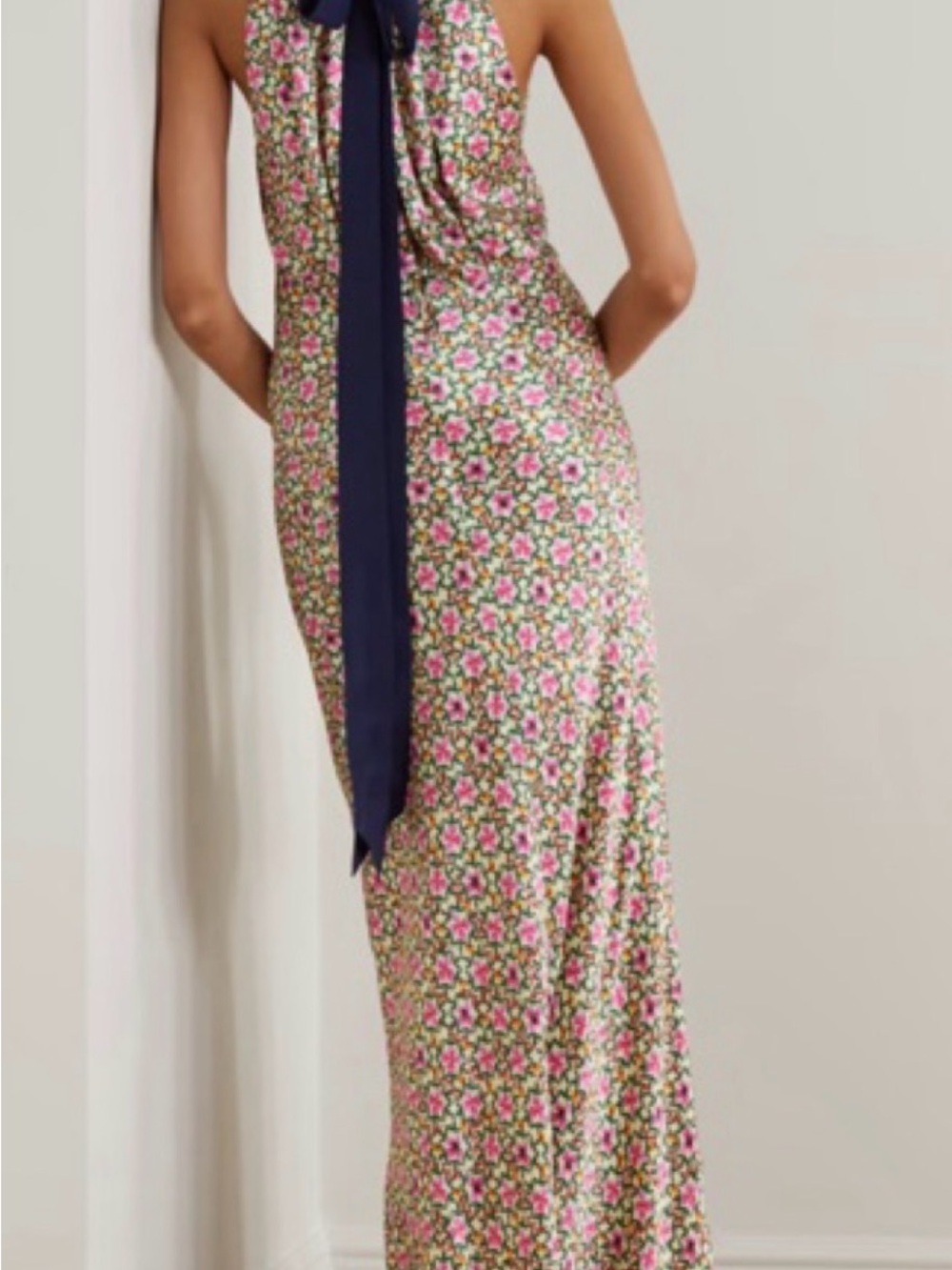 SALONI Pink and Green Floral Halter Maxi with Navy Tie